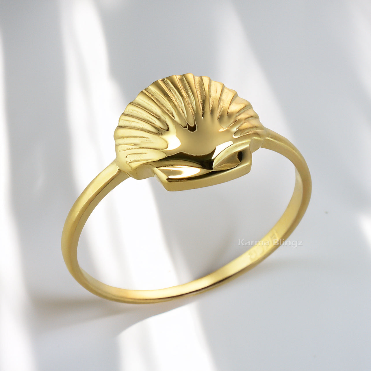 Yellow Gold Tiny Seashell Ring – Women’s Stacking Band, 10K or 14K Dainty Ocean Jewelry