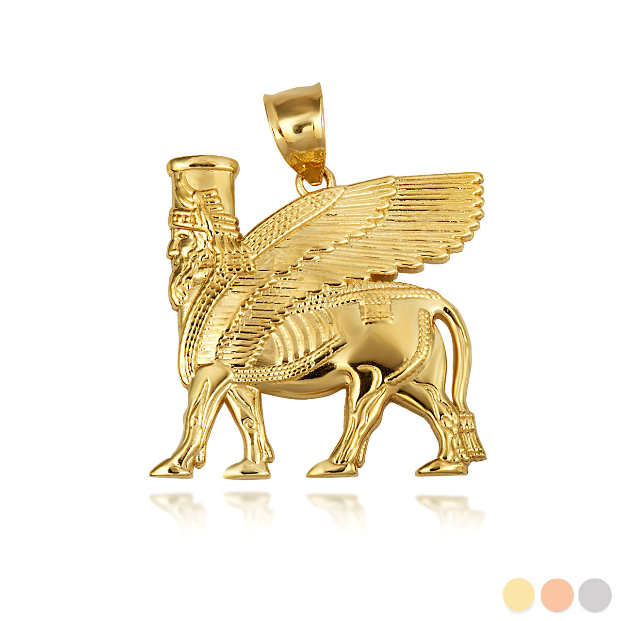 Gold Ancient Assyrian God Lamassu Winged Bull Pendant Necklace (yellow/white/rose)
