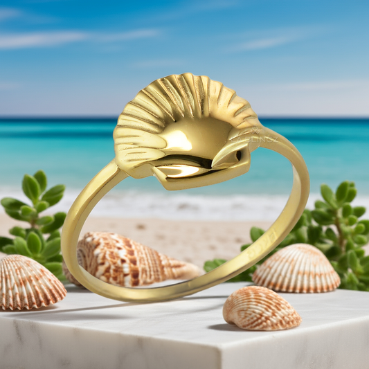 Yellow Gold Tiny Seashell Ring – Women’s Stacking Band, 10K or 14K Dainty Ocean Jewelry