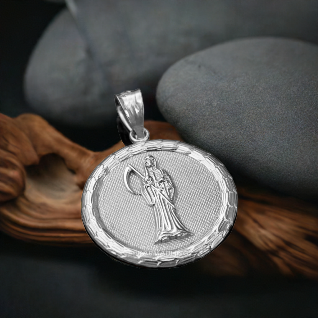 Sterling Silver Santa Muerte Medallion Pendant Necklace