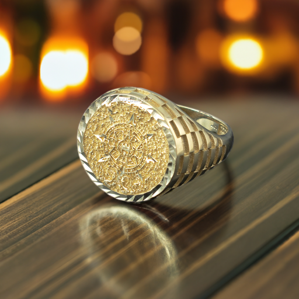 Gold Aztec Mayan Sun Calendar DC Unisex Signet Ring