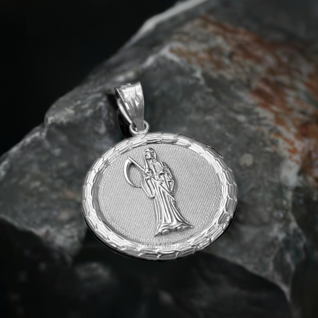 Sterling Silver Santa Muerte Medallion Pendant Necklace