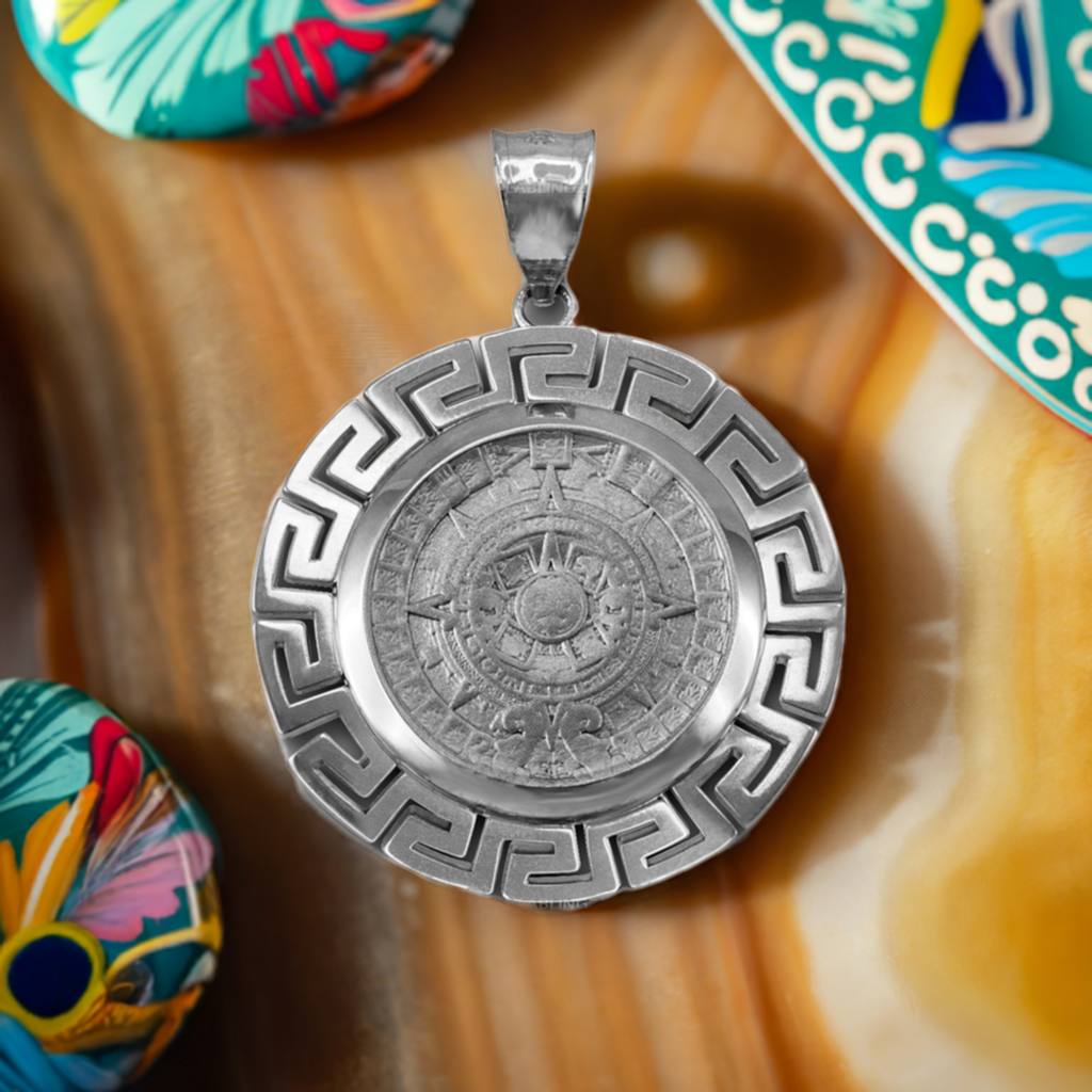 Sterling Silver Aztec Mayan Sun Stone Calendar Pendant – Ancient Symbol Jewelry