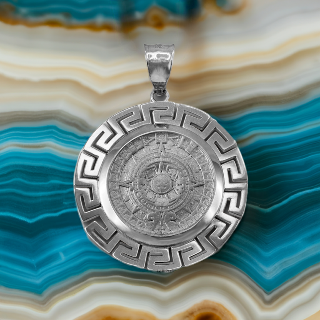 Sterling Silver Aztec Mayan Sun Stone Calendar Pendant – Ancient Symbol Jewelry