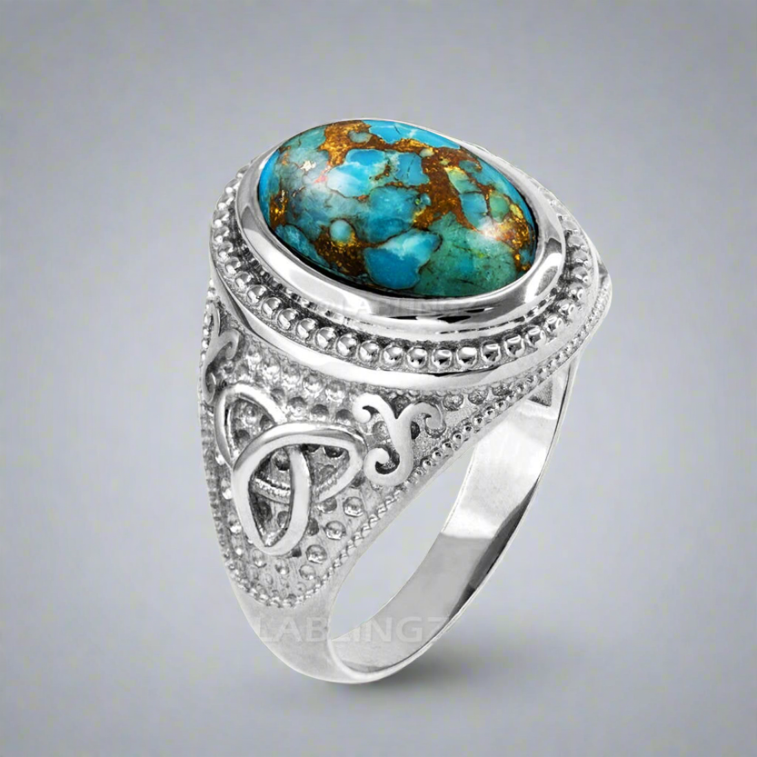 Sterling Silver Celtic Triquetra Blue Copper Turquoise Ring