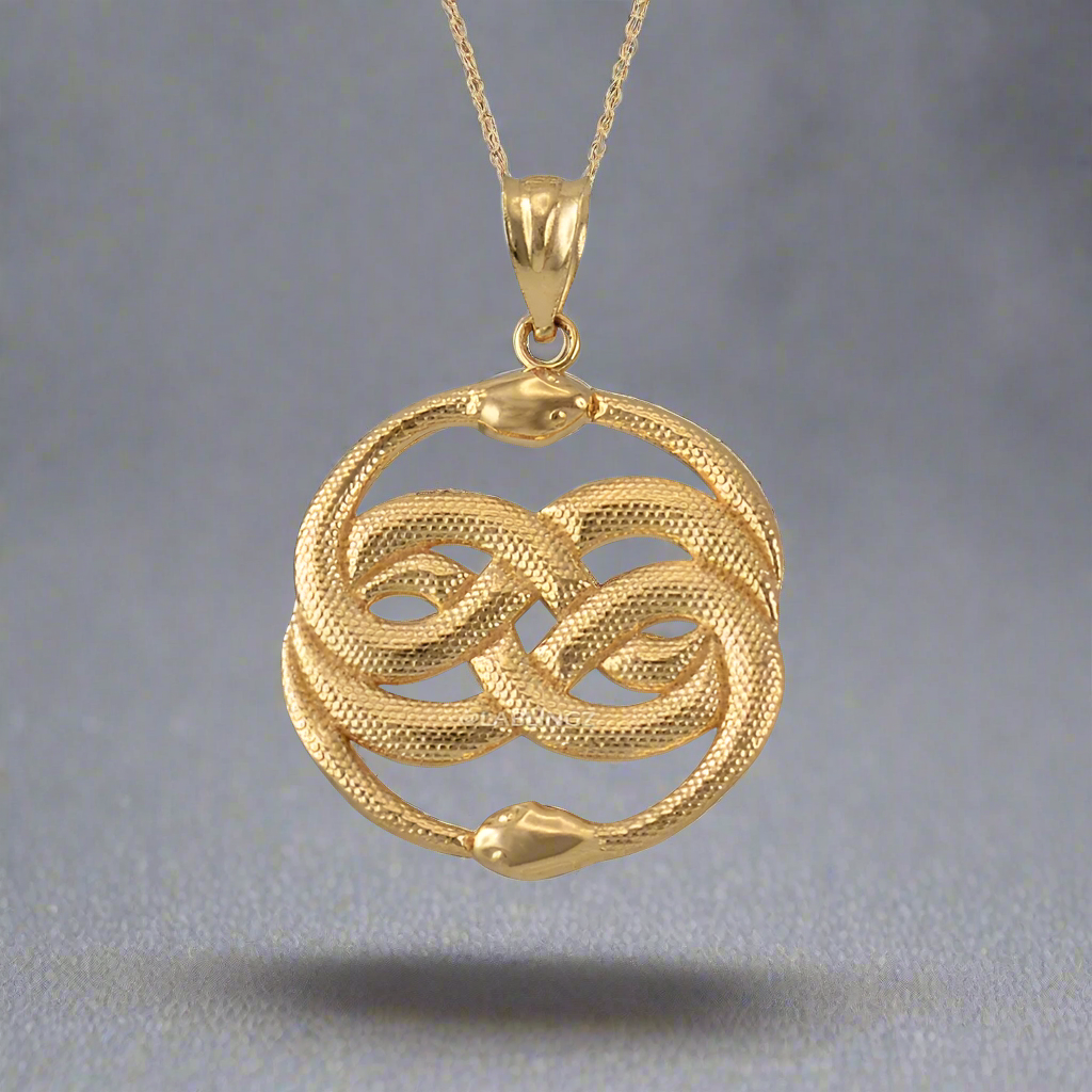Gold Double Infinity Ouroboros Snakes Pendant Necklace (yellow, white, rose gold, 10k, 14k)