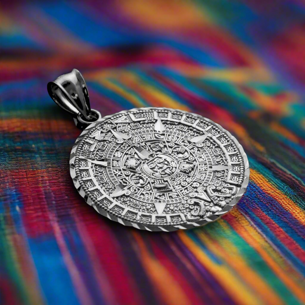 925 Sterling Silver Mexican Aztec Calendar Calendario Sun hotsell Mayan Pendant-52 mm