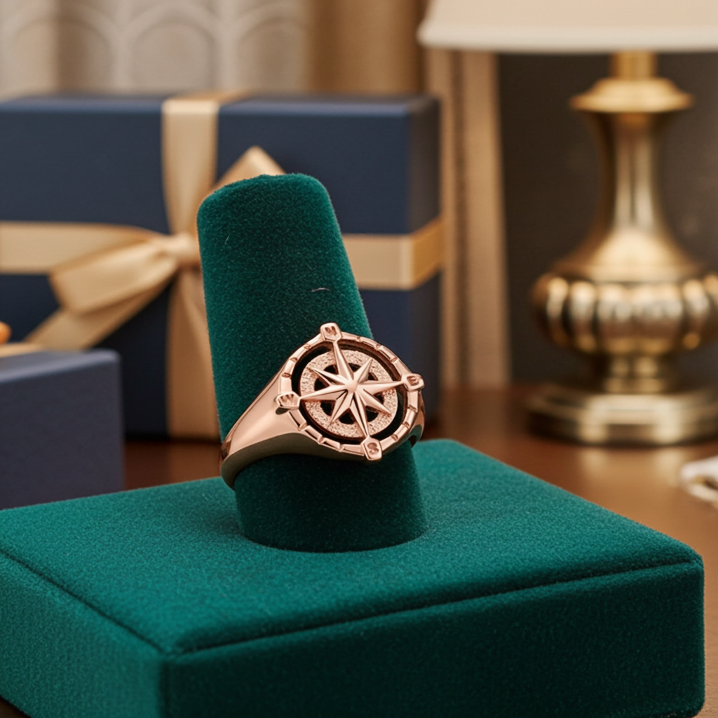 Gold Compass Ring for Women North Star Compass Rose Signet Ring (yellow, white, rose, 10k / 14k)
