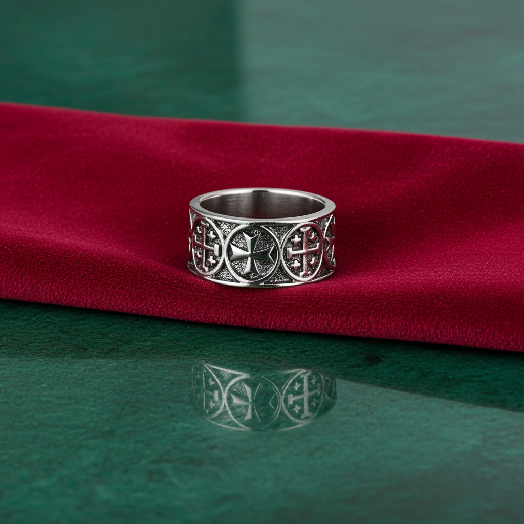 Solid Sterling Silver Jerusalem Maltese Cross Mens Ring Band