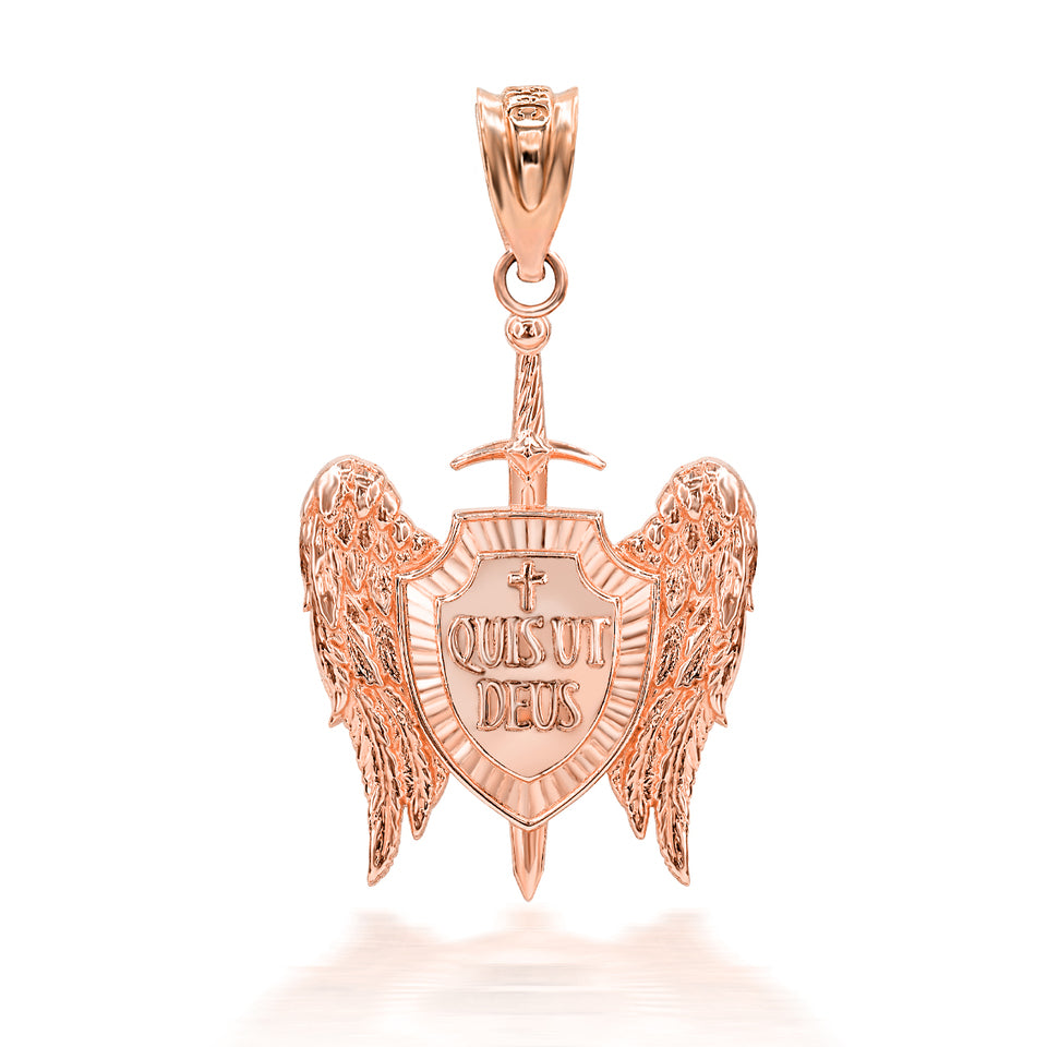 Saint Michael Sword and Shield "Quis ut Deus" Gold Pendant Necklace Karma Blingz