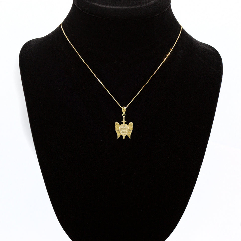 Saint Michael Sword and Shield "Quis ut Deus" Gold Pendant Necklace Karma Blingz