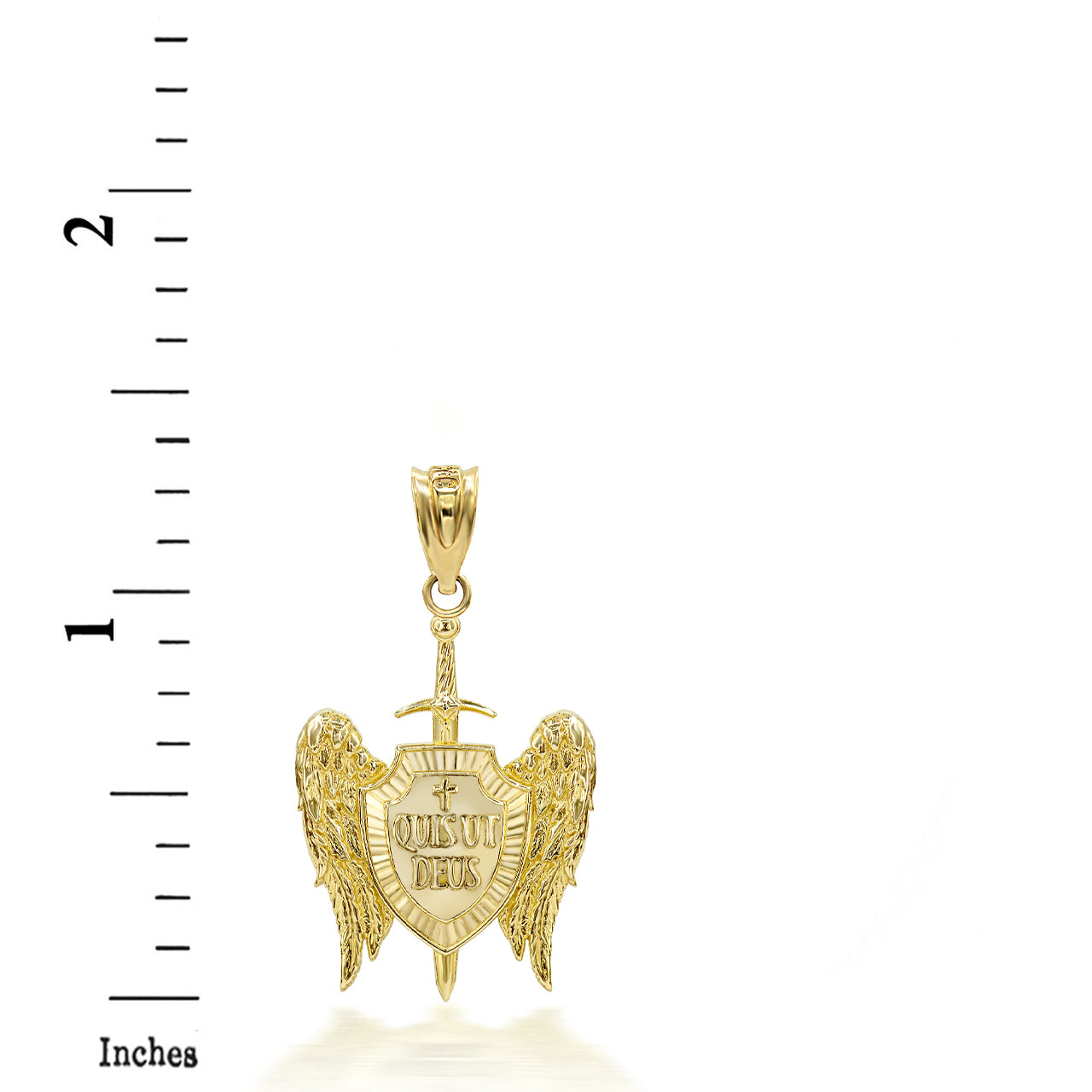 Saint Michael Sword and Shield "Quis ut Deus" Gold Pendant Necklace Karma Blingz