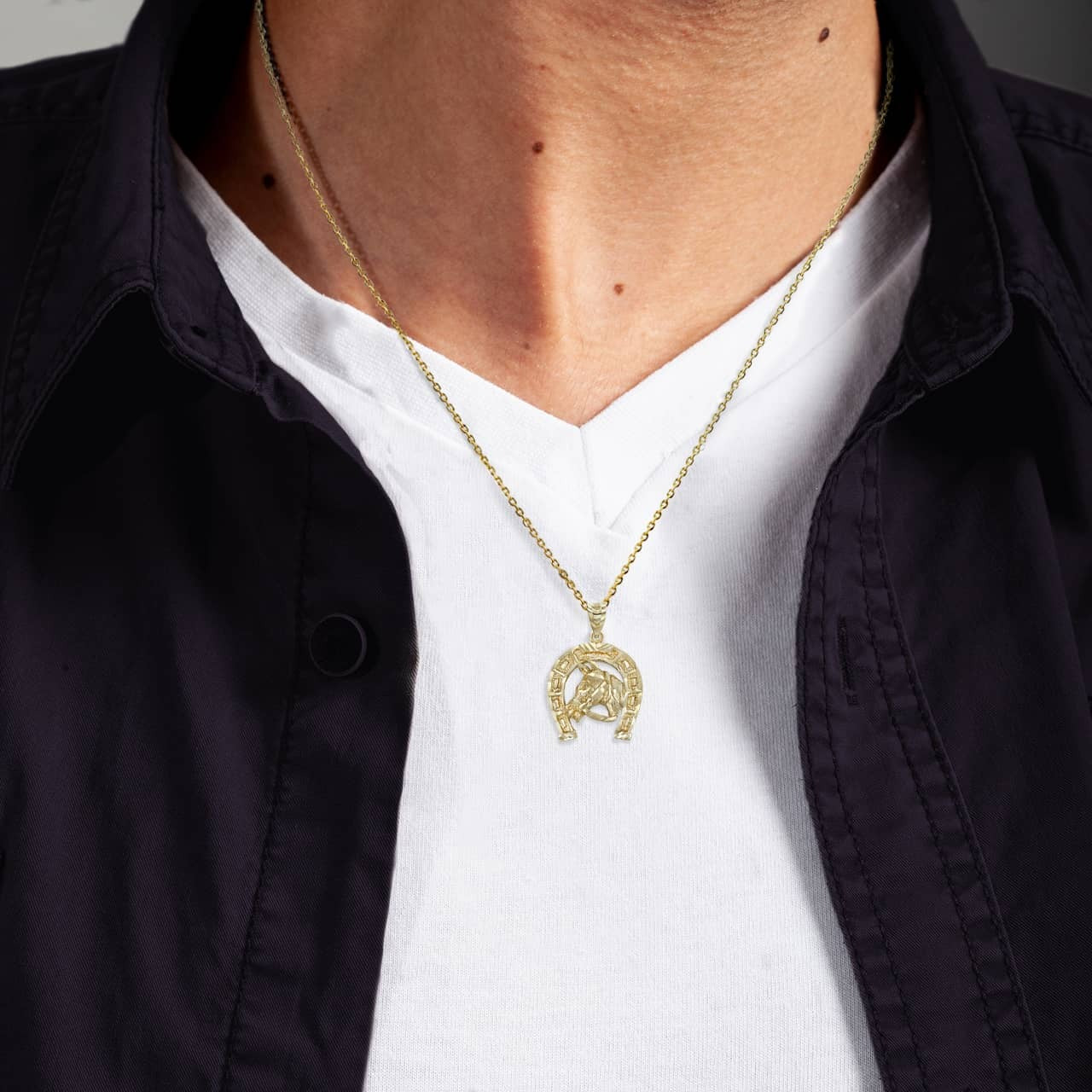 Gold Large Horseshoe Lucky Horse Head DC Pendant Necklace Karma Blingz