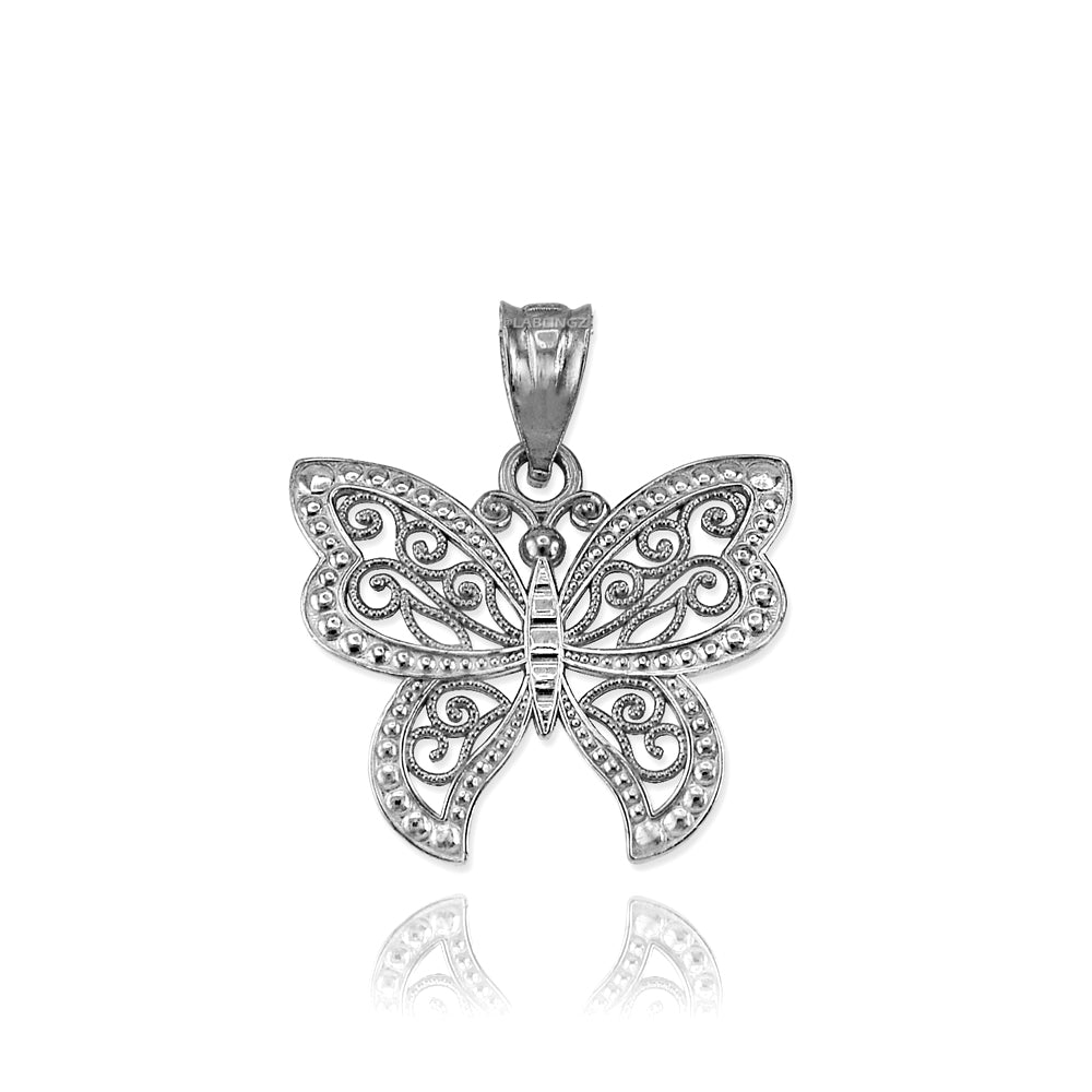 Gold Filigree Butterfly Charm Necklace (10K, 14K, yellow, white, rose gold) Karma Blingz