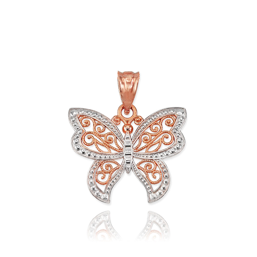 Gold Filigree Butterfly Charm Necklace (10K, 14K, yellow, white, rose gold) Karma Blingz