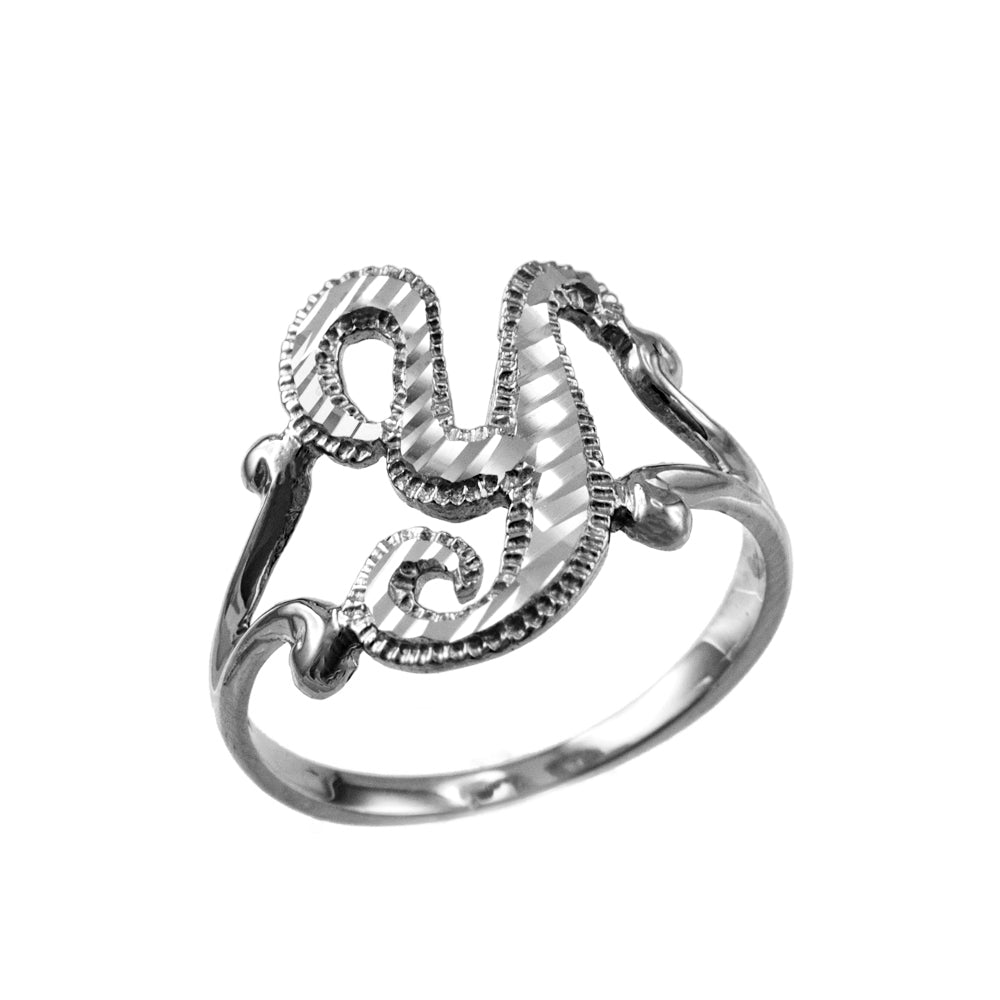 10K White Gold Sparkle-Cut Letter Initial Script Ring Karma Blingz