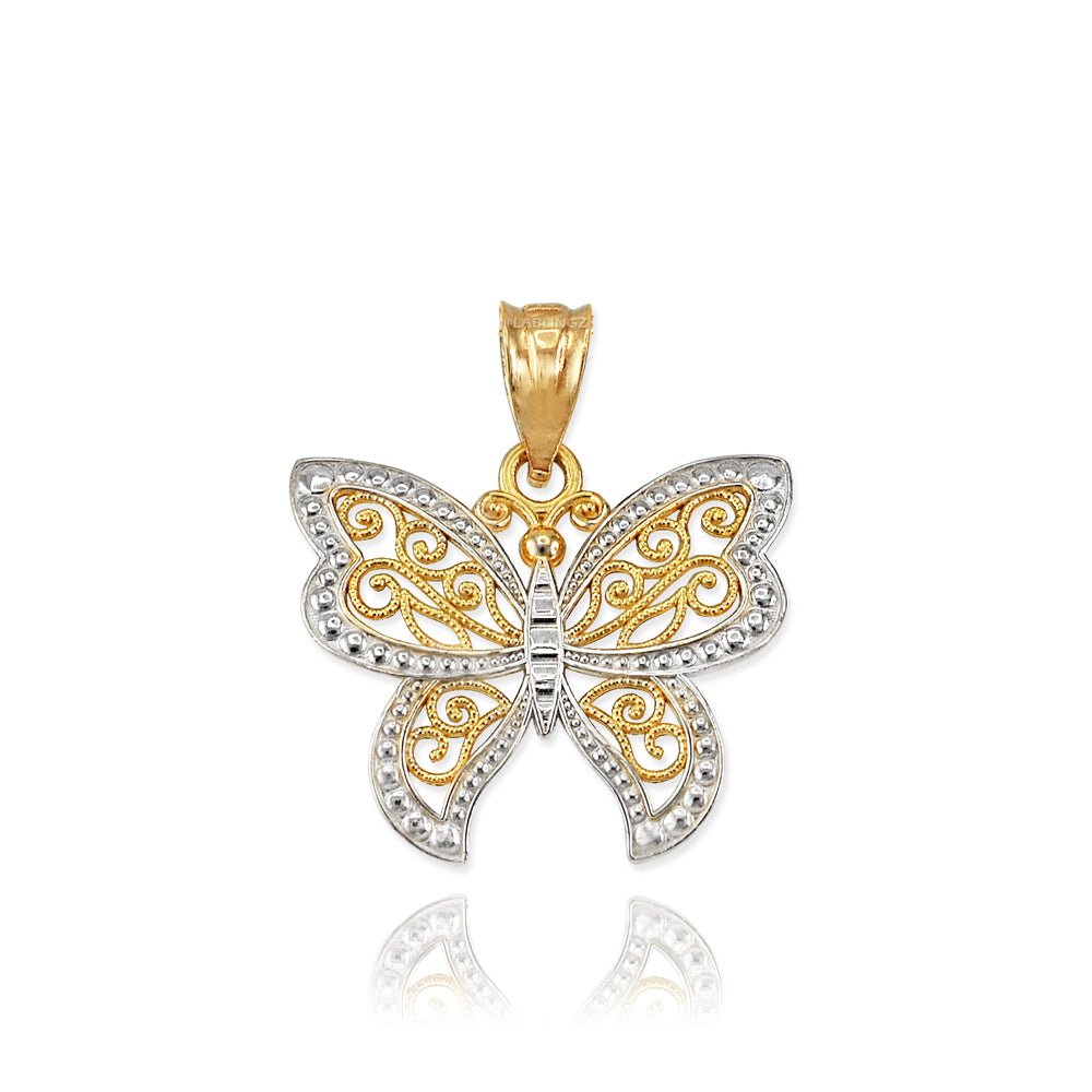 Gold Filigree Butterfly Charm Necklace (10K, 14K, yellow, white, rose gold) Karma Blingz