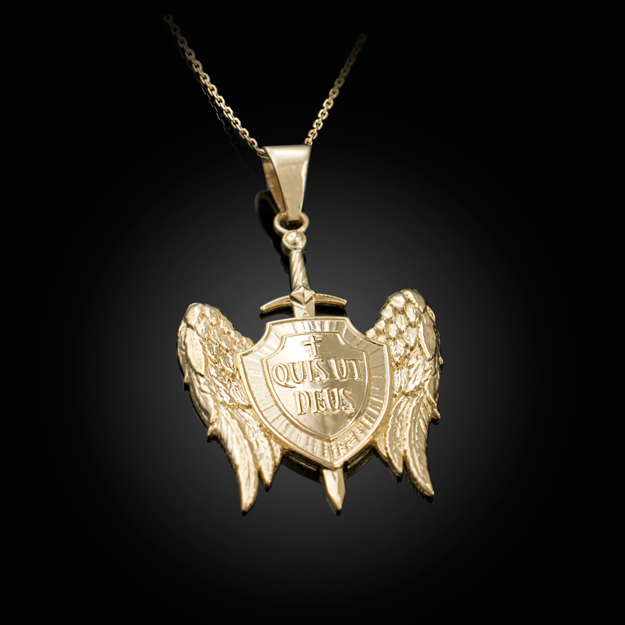 Saint Michael Sword and Shield "Quis ut Deus" Gold Pendant Necklace Karma Blingz