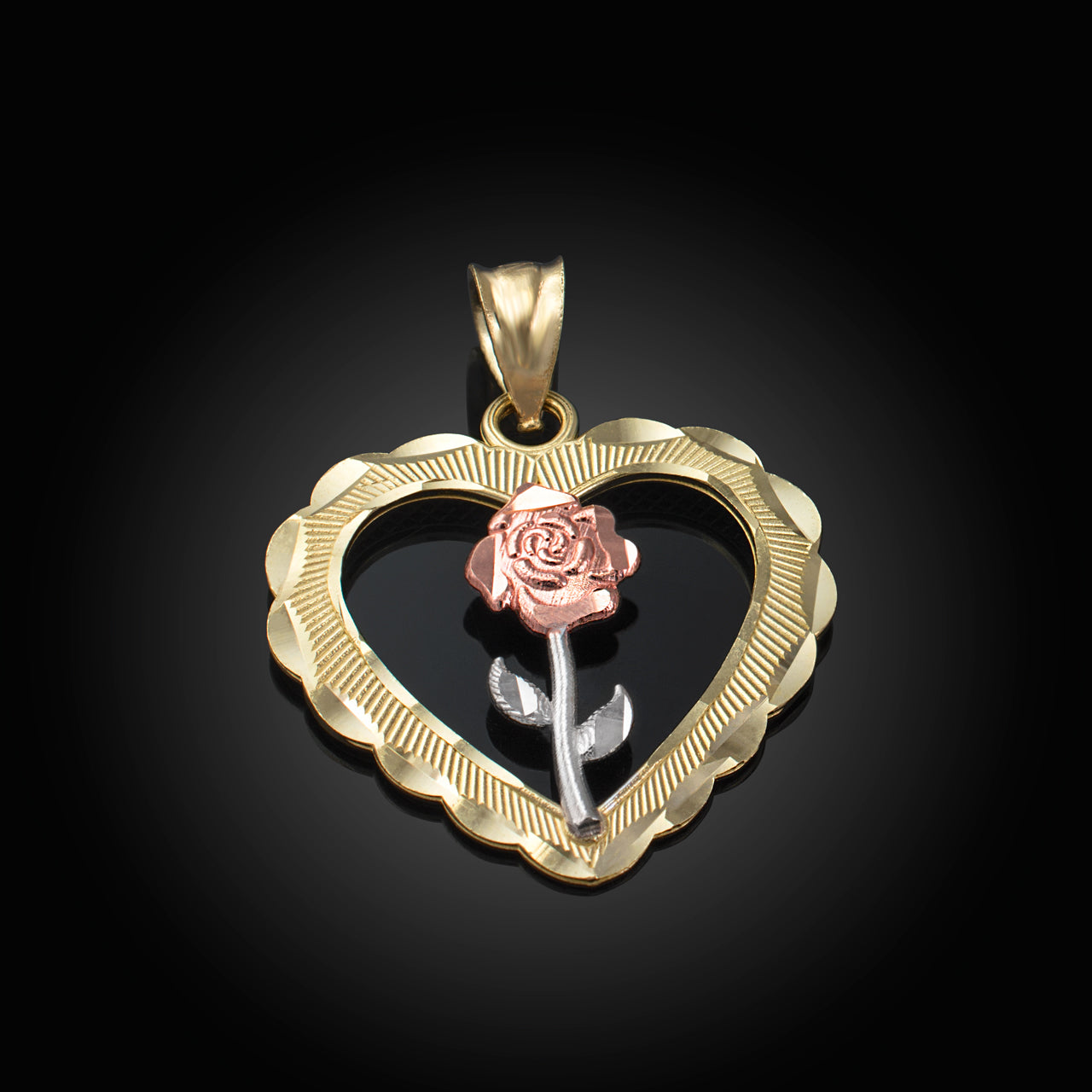 Tri-tone Gold Rose Flower Heart DC Pendant Necklace Karma Blingz