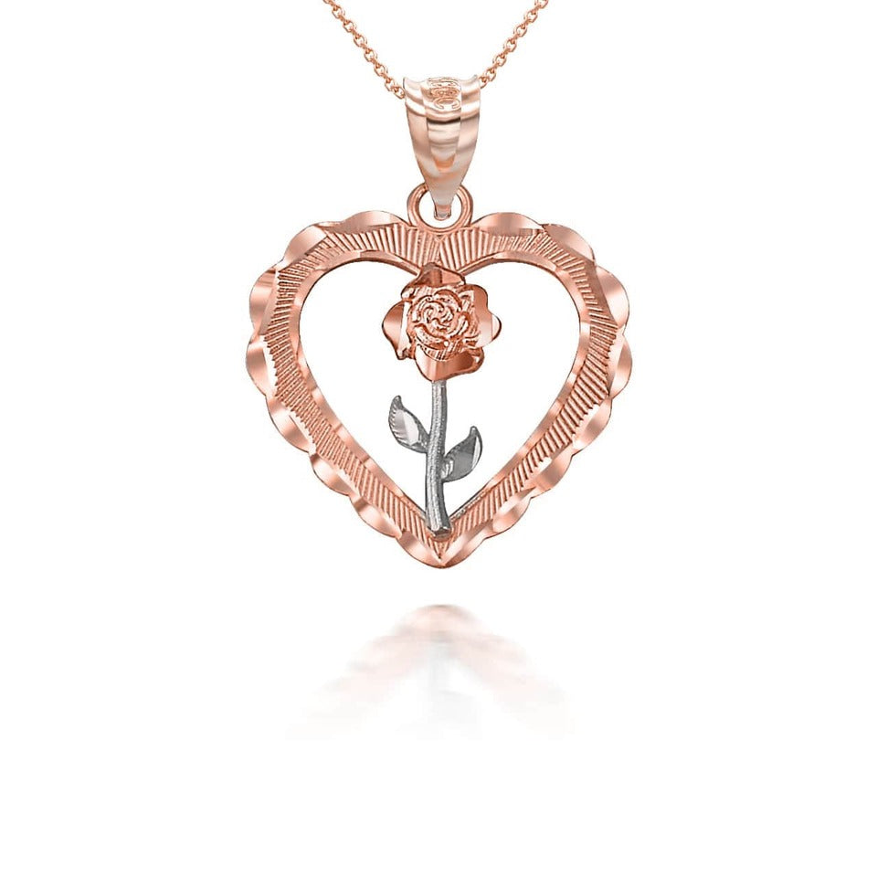 Tri-tone Gold Rose Flower Heart DC Pendant Necklace Karma Blingz