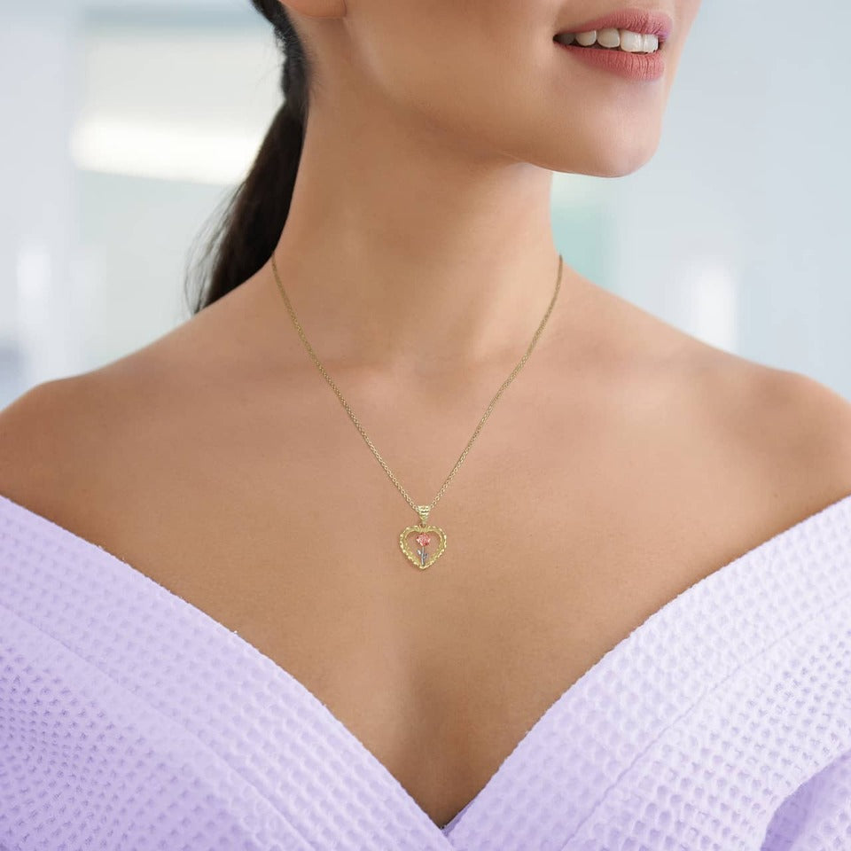 Tri-tone Gold Rose Flower Heart DC Pendant Necklace Karma Blingz