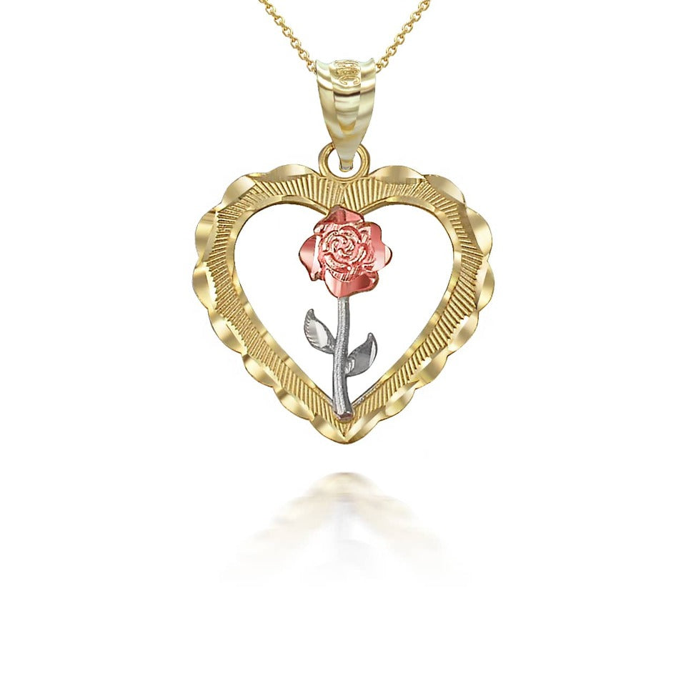 Tri-tone Gold Rose Flower Heart DC Pendant Necklace Karma Blingz