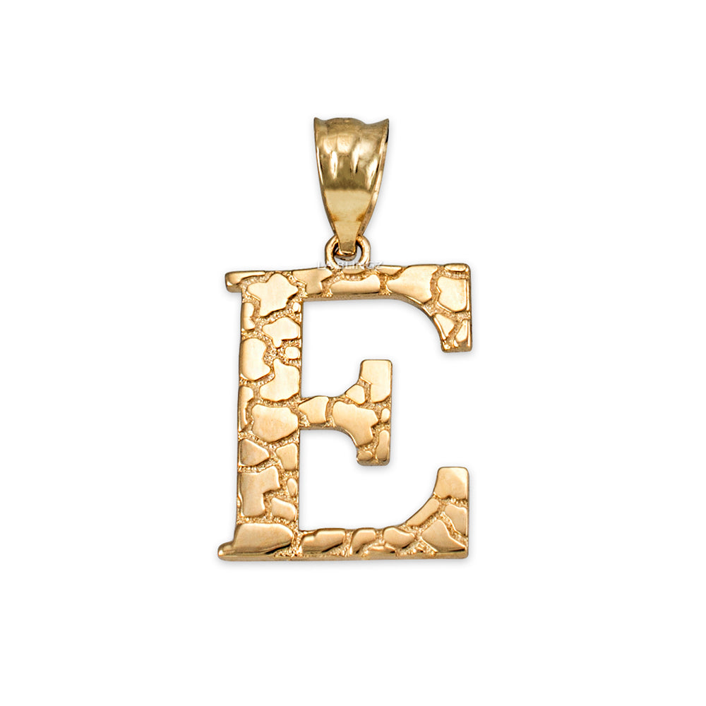 Gold Nugget Alphabet Initial Letter "E" Pendant Necklace (yellow, white, rose gold) Karma Blingz