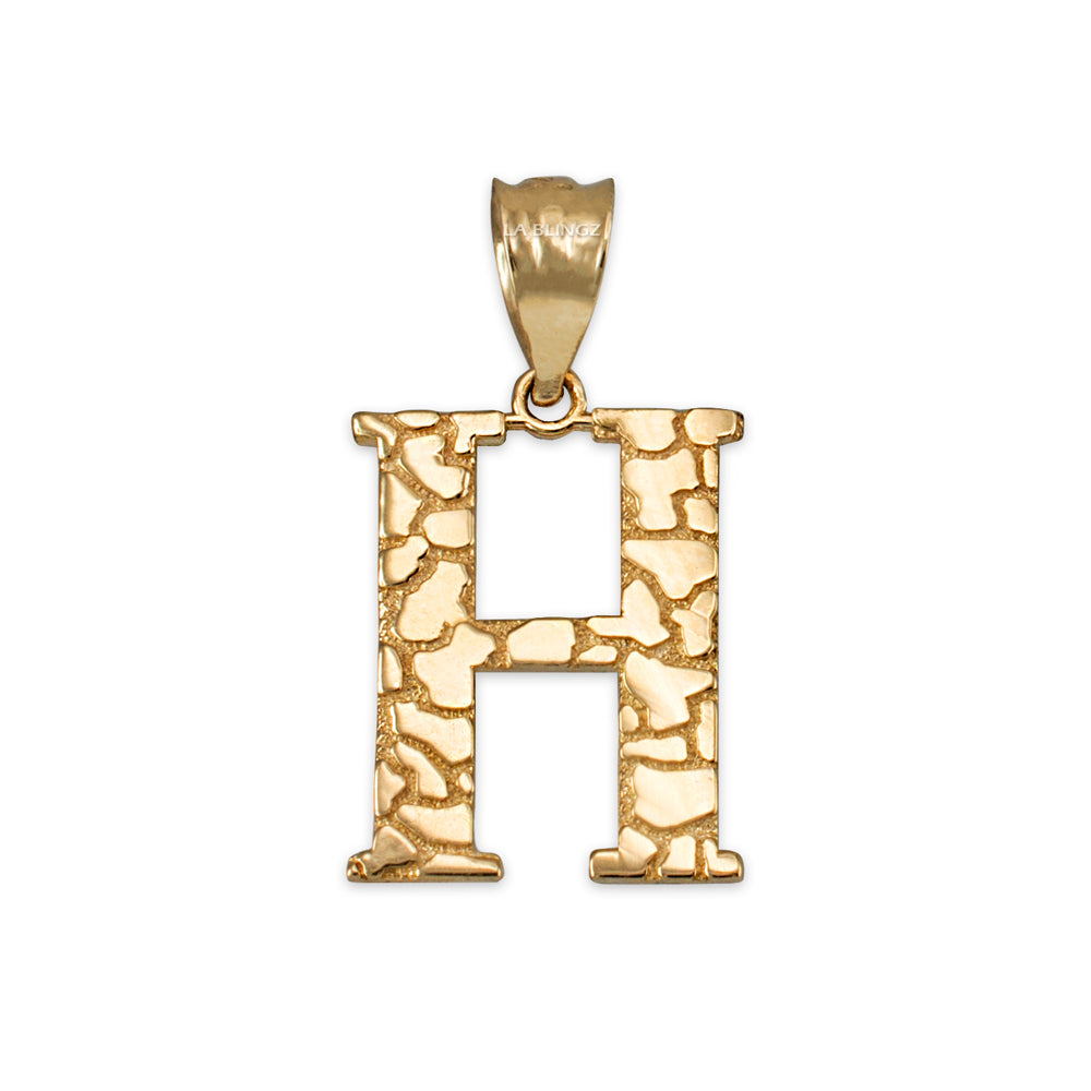 Gold Nugget Alphabet Initial Letter "H" Pendant Necklace (yellow, white, rose gold) Karma Blingz