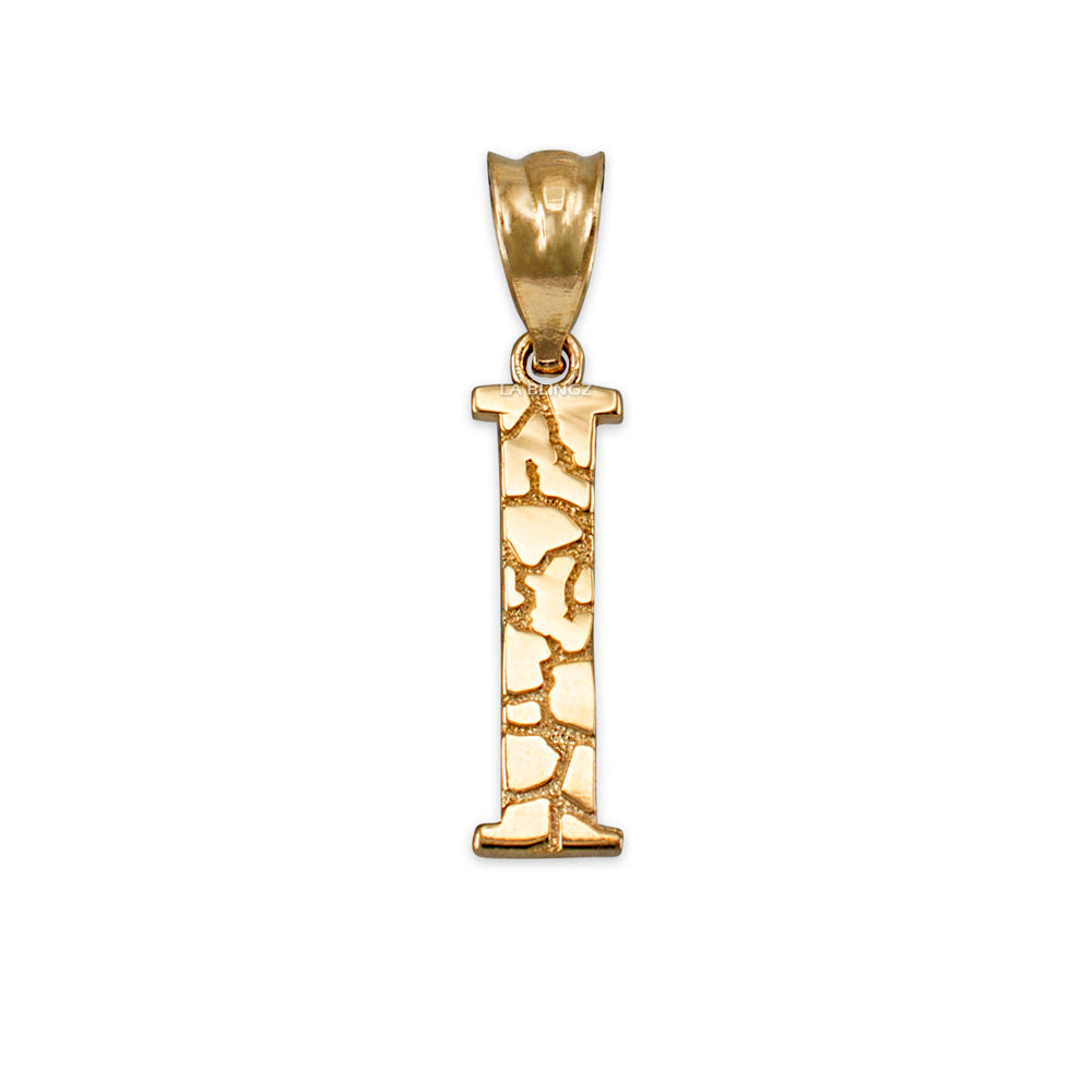 Gold Nugget Alphabet Initial Letter "I" Pendant Necklace (yellow, white, rose gold) Karma Blingz