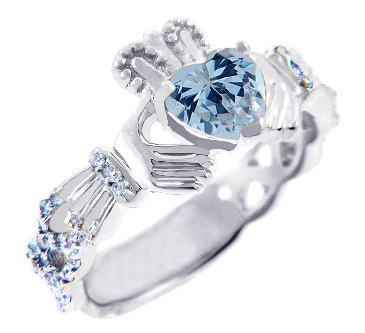 White Gold 0.40 ct Celtic Band Diamond Claddagh Engagement Ring with Aquamarine CZ Heart Center Stone (10K, 14K) Karma Blingz