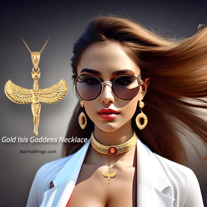 Gold Isis Egyptian Winged Goddess Pendant Necklace Karma Blingz