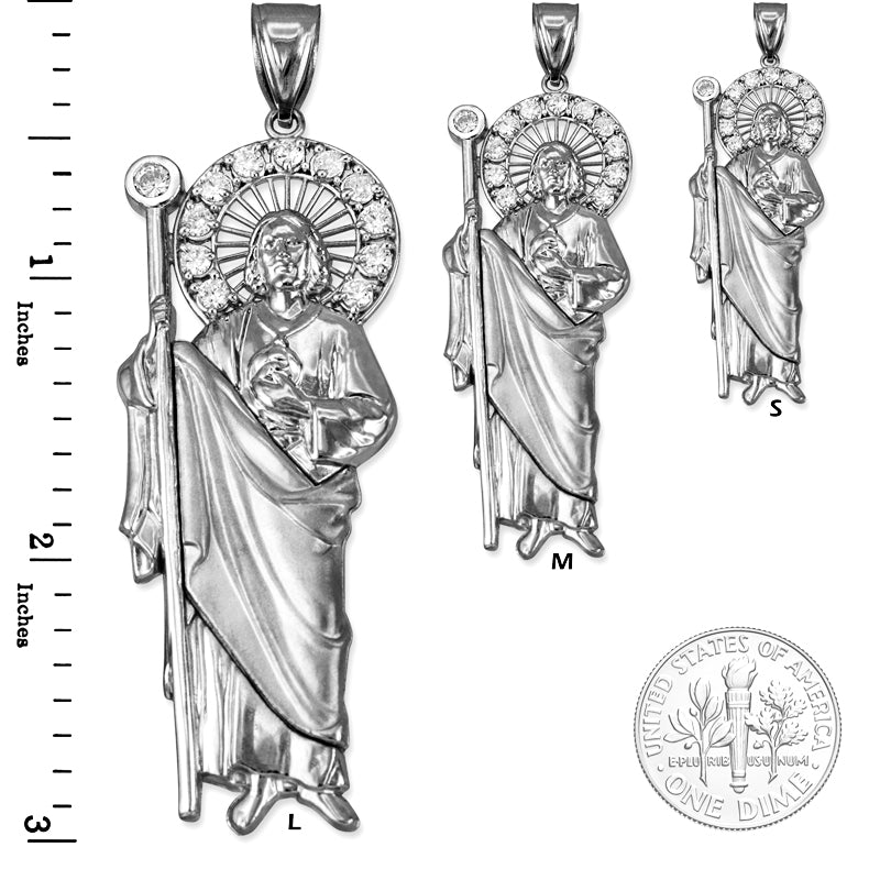 White Gold Saint Jude CZ Charm Pendant (Small/Medium/Large,10K, 14K) Karma Blingz