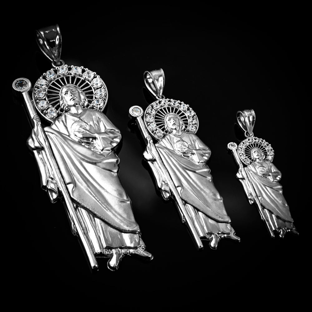 White Gold Saint Jude CZ Charm Pendant (Small/Medium/Large,10K, 14K) Karma Blingz