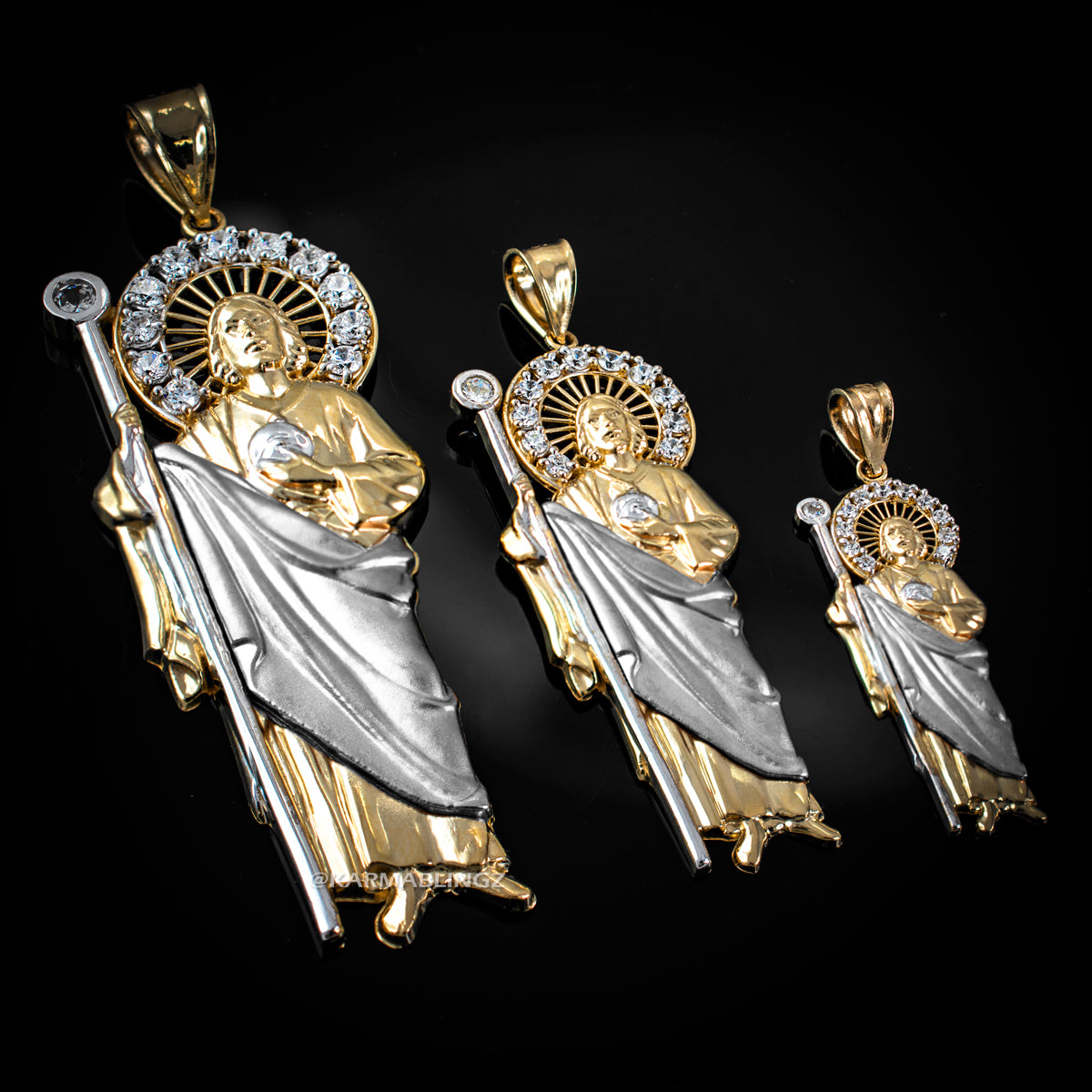 Two-Tone Gold Saint Jude CZ Charm Pendant (Small/Medium/Large,10K, 14K) Karma Blingz