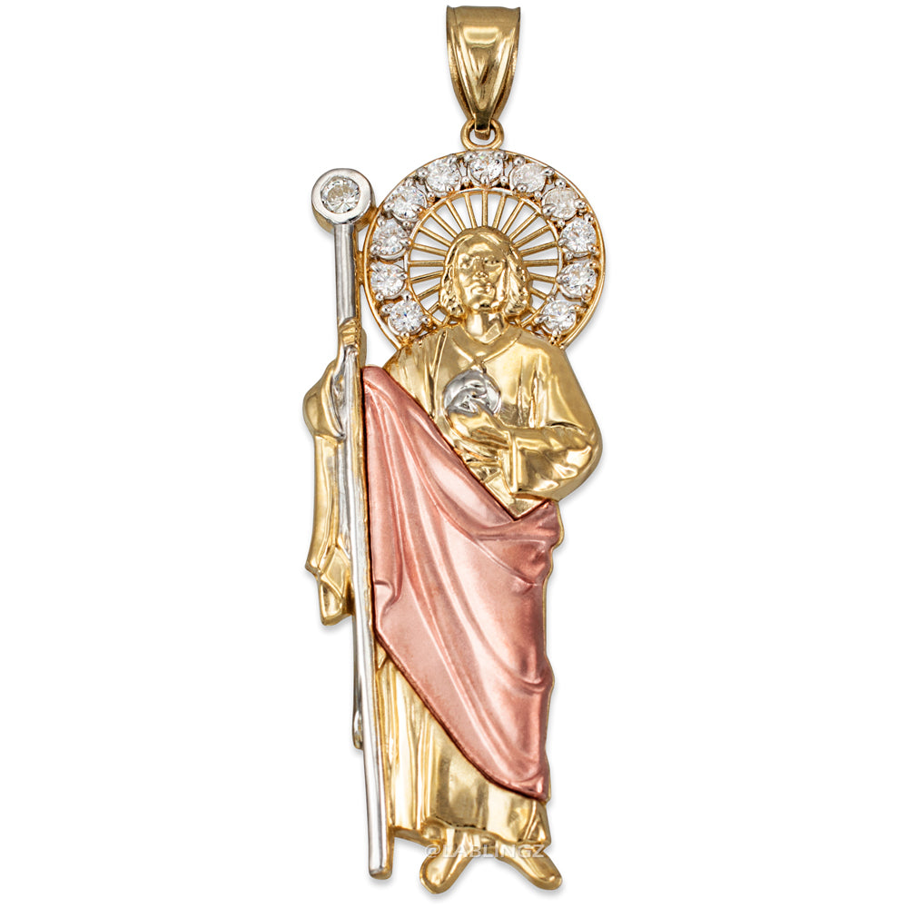 Tri-Color Gold Saint Jude CZ Charm Pendant (Small/Medium/Large,10K, 14K) Karma Blingz
