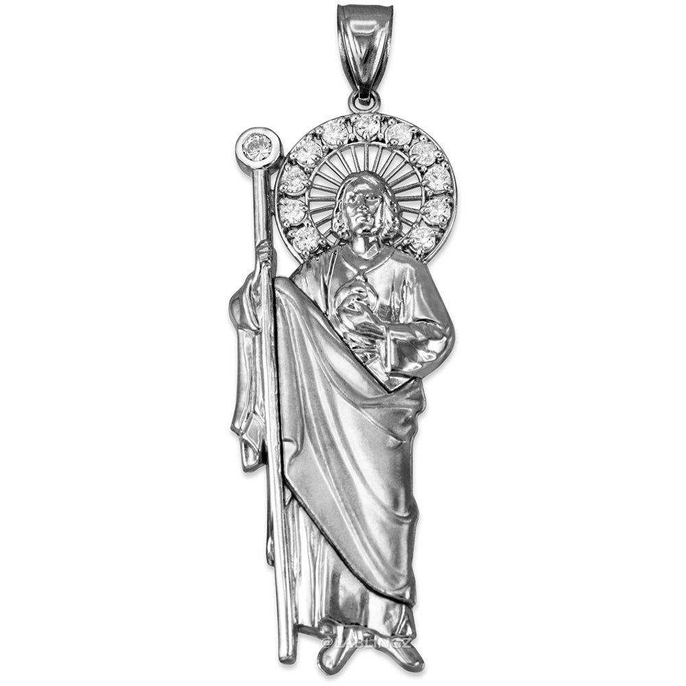 White Gold Saint Jude CZ Charm Pendant (Small/Medium/Large,10K, 14K) Karma Blingz