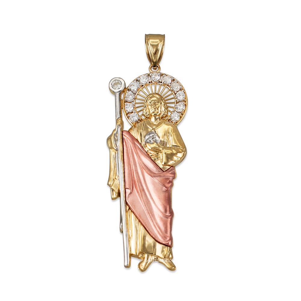 Tri-Color Gold Saint Jude CZ Charm Pendant (Small/Medium/Large,10K, 14K) Karma Blingz
