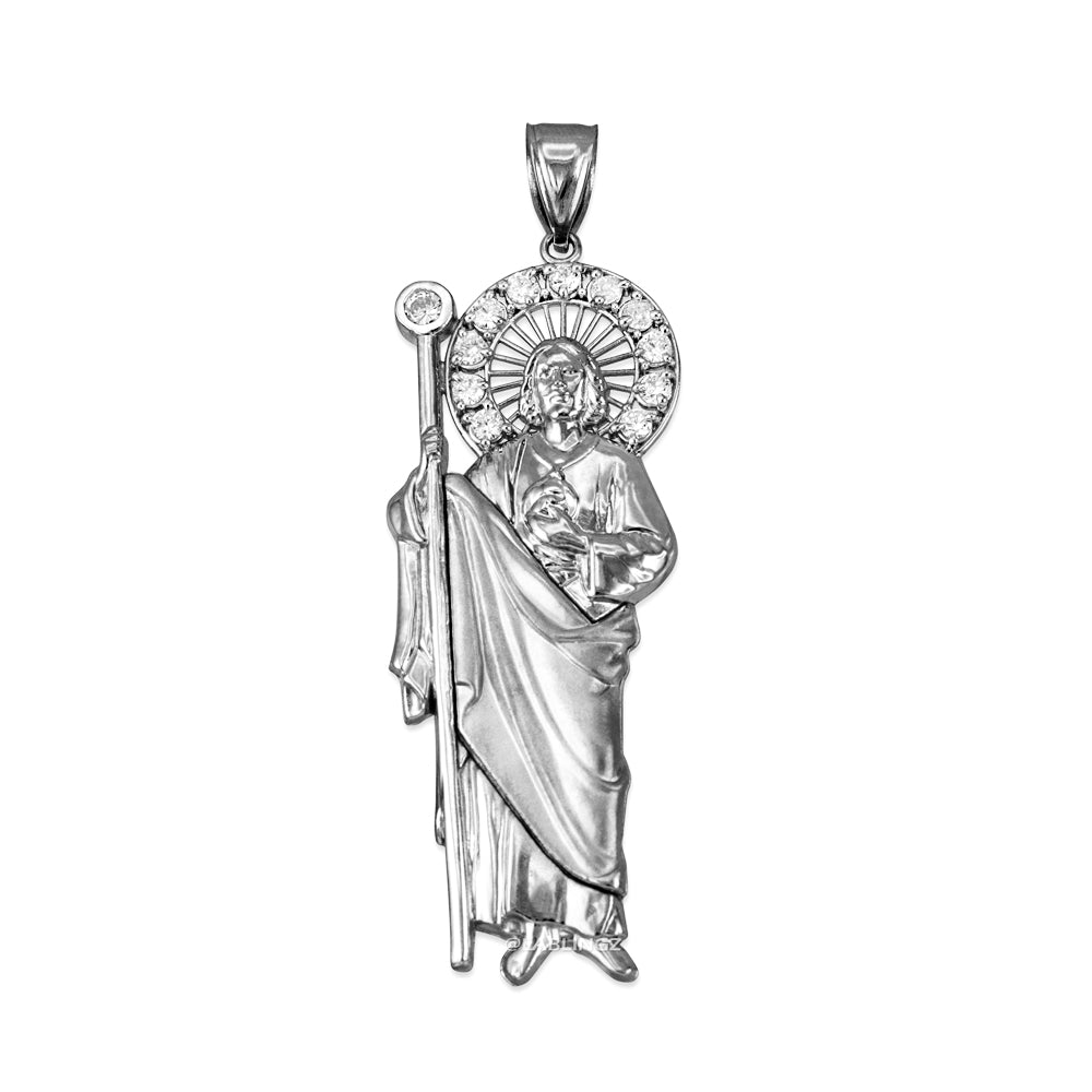 White Gold Saint Jude CZ Charm Pendant (Small/Medium/Large,10K, 14K) Karma Blingz