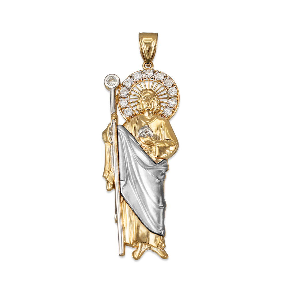 Two-Tone Gold Saint Jude CZ Charm Pendant (Small/Medium/Large,10K, 14K) Karma Blingz