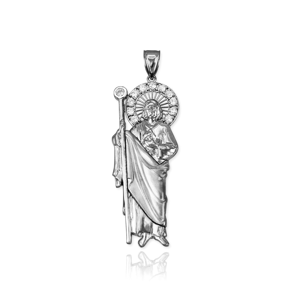 White Gold Saint Jude CZ Charm Pendant (Small/Medium/Large,10K, 14K) Karma Blingz
