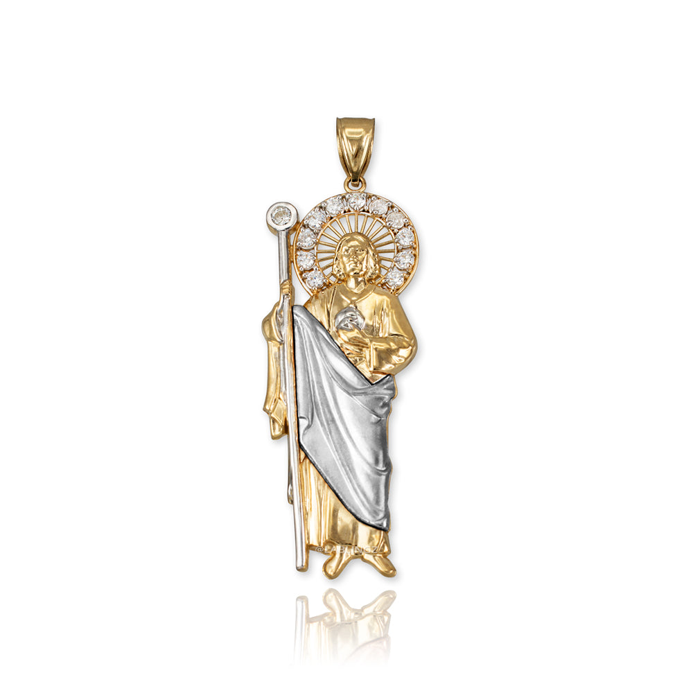 Two-Tone Gold Saint Jude CZ Charm Pendant (Small/Medium/Large,10K, 14K) Karma Blingz