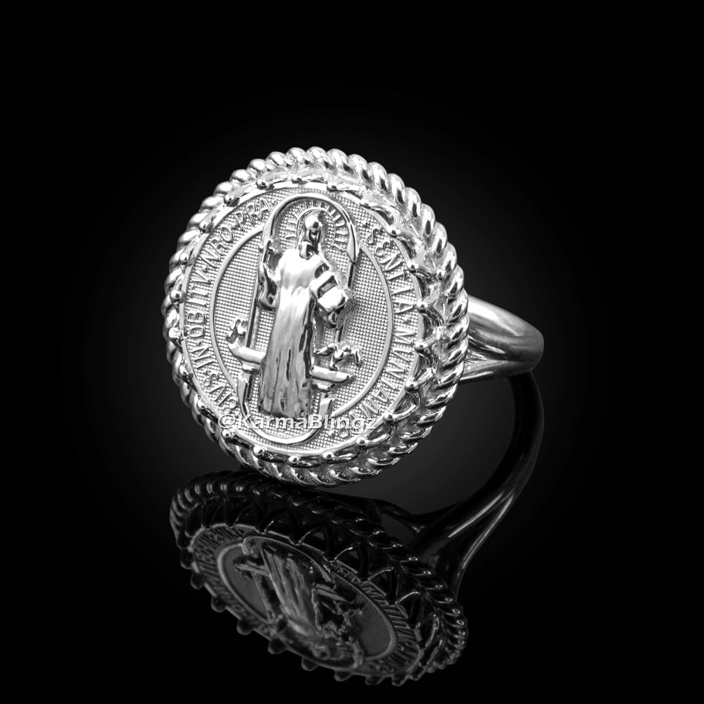 White Gold Saint Benedict Womens Statement Ring Karma Blingz