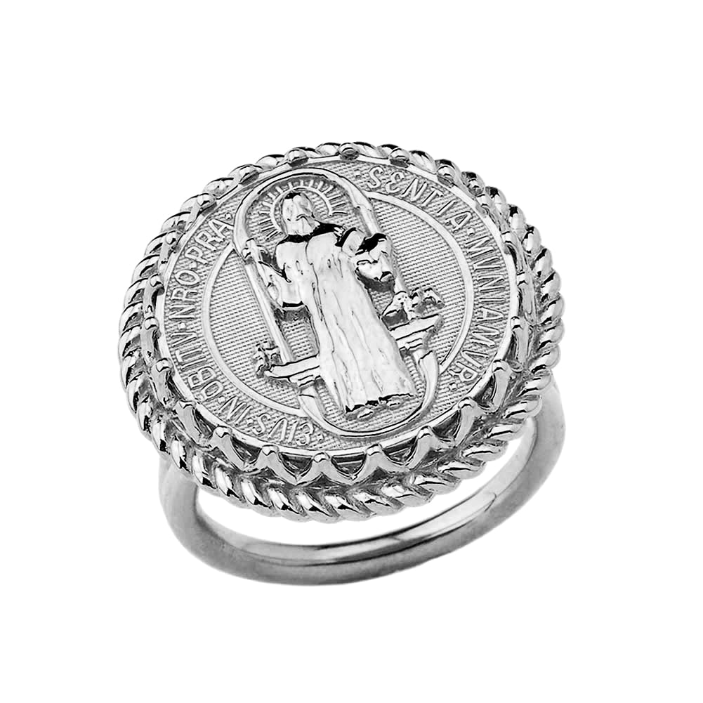 White Gold Saint Benedict Womens Statement Ring Karma Blingz