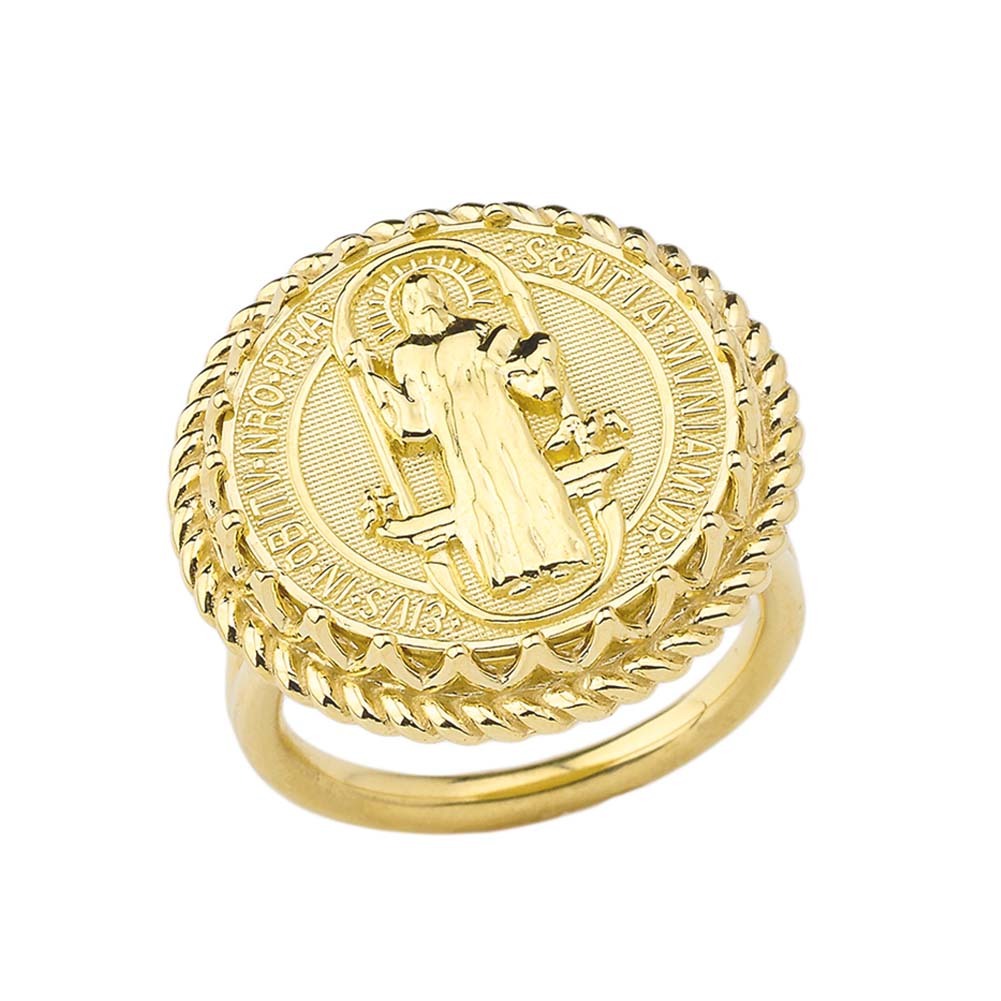 Yellow Gold Saint Benedict Womens Statement Ring Karma Blingz
