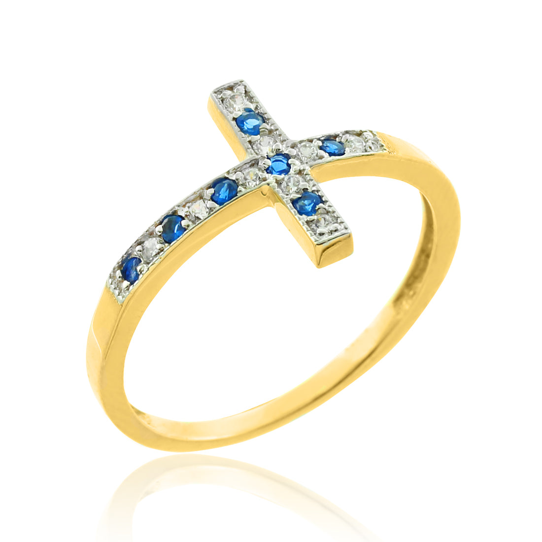 Sapphire and Diamond Sideways Cross Ladies Gold Ring (yellow, white, rose gold, 10K, 14K) Karma Blingz