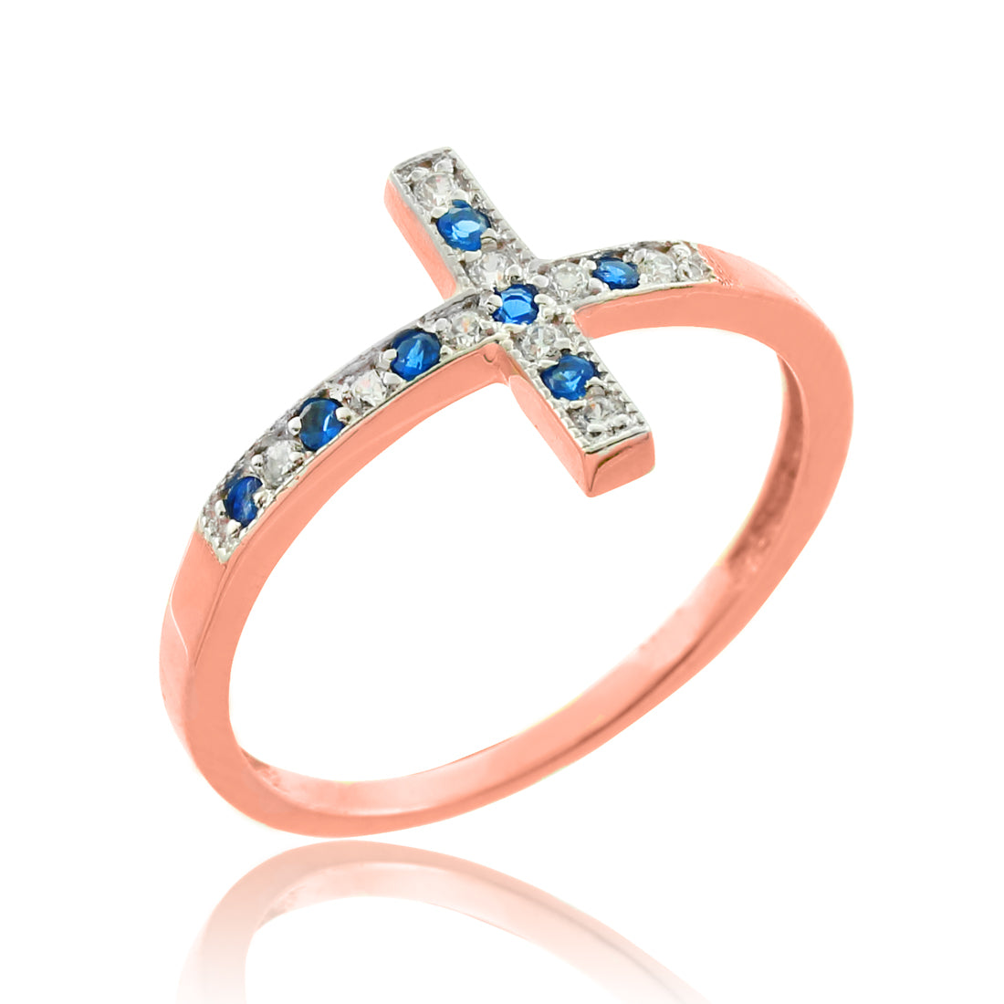 Sapphire and Diamond Sideways Cross Ladies Gold Ring (yellow, white, rose gold, 10K, 14K) Karma Blingz