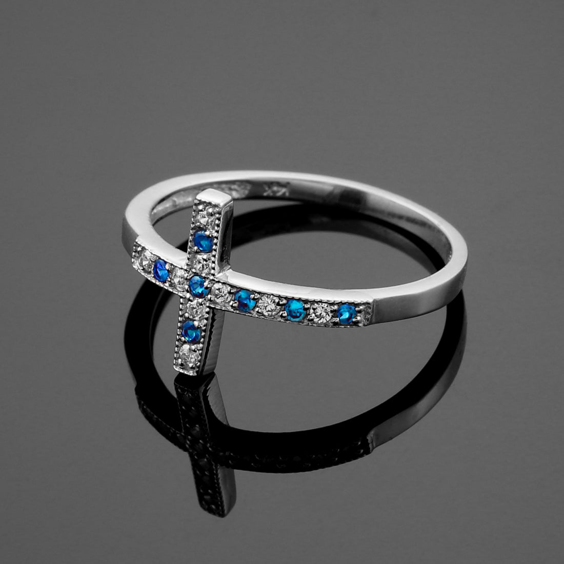 Sapphire and Diamond Sideways Cross Ladies Gold Ring (yellow, white, rose gold, 10K, 14K) Karma Blingz