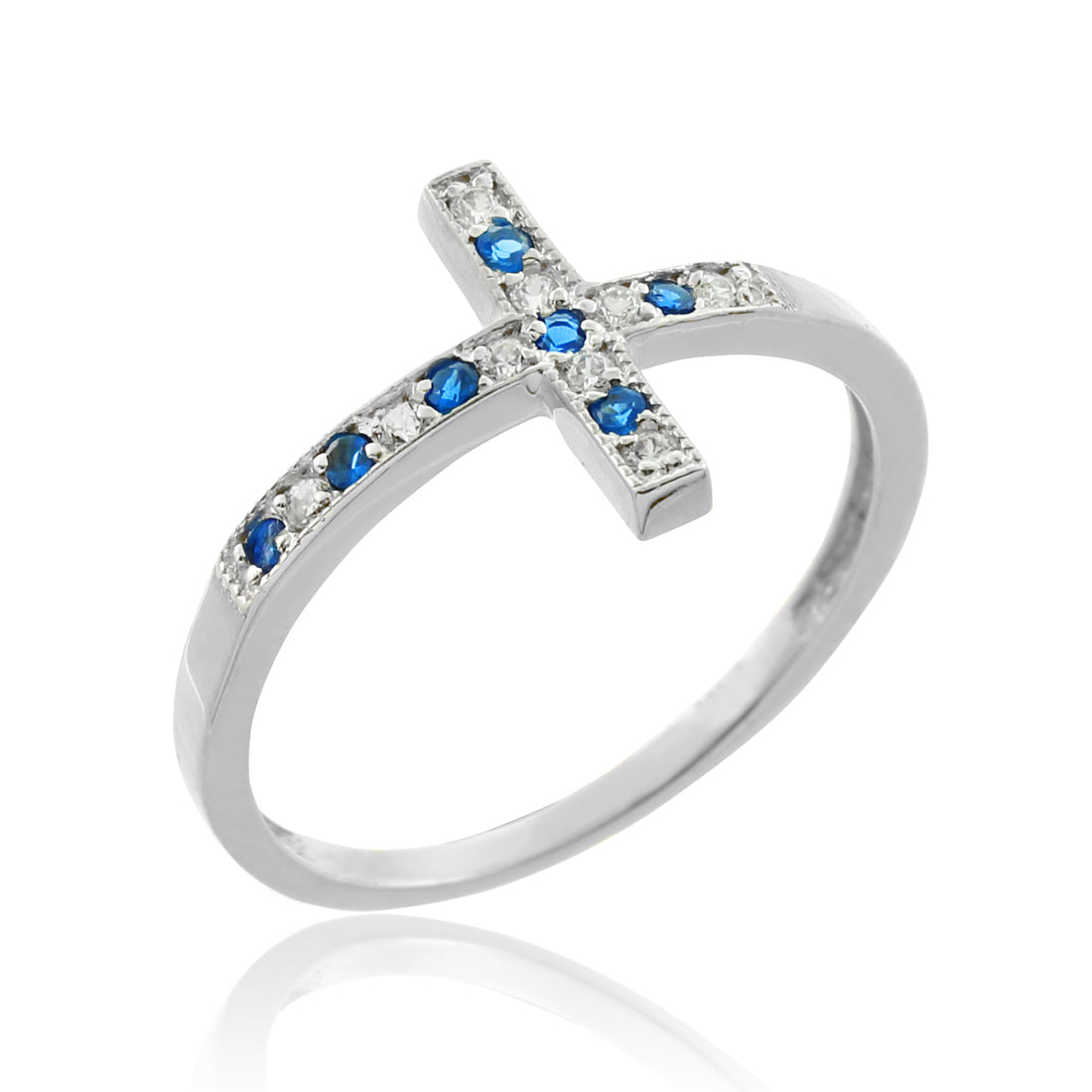 Sapphire and Diamond Sideways Cross Ladies Gold Ring (yellow, white, rose gold, 10K, 14K) Karma Blingz