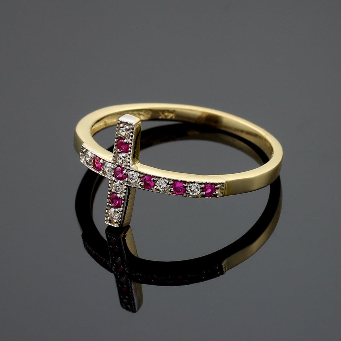 Ruby and Diamond Sideways Cross Ladies Gold Ring (yellow, white, rose gold, 10K, 14K) Karma Blingz
