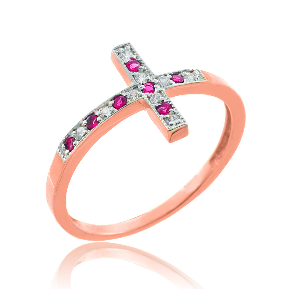 Ruby and Diamond Sideways Cross Ladies Gold Ring (yellow, white, rose gold, 10K, 14K) Karma Blingz